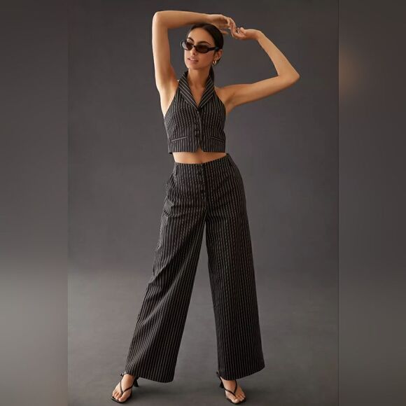 Anthropologie Mauve Black Pinstripe Halter Button Down Vest Size 10 NWT - Picture 4 of 7